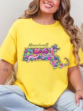 Gildan Yellow Massachusetts Floral State Tee